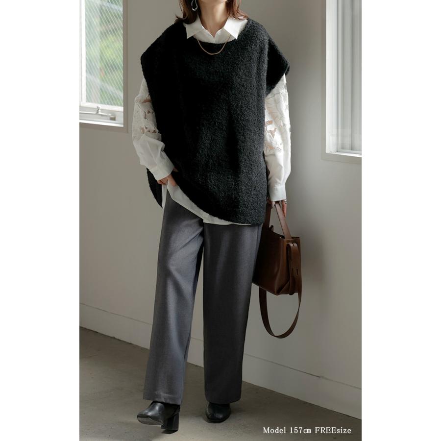 ベスト ニット ロング 選べる ネック レディース トップス セーター ジレ クルーネック Vネック チュニック ブークレ生地 コクーン レイヤード | HUG.U | 10