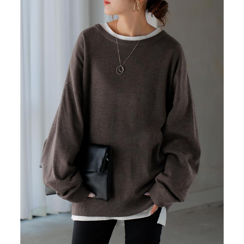 ニット 体感＋3.2℃ 吸湿 発熱　トップス ロング レディース セーター オーバー プルオーバー 長袖 チクチクしない 薄手 火山岩糸 クルーネック | HUG.U | 07