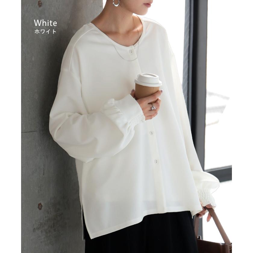 ブラウス ノーカラー トップス レディース ロング バンドカラー シャツ クルーネック チュニック 長袖 無地 ボリュームスリーブ ストレッチ シワになりにくい | HUG.U | 13