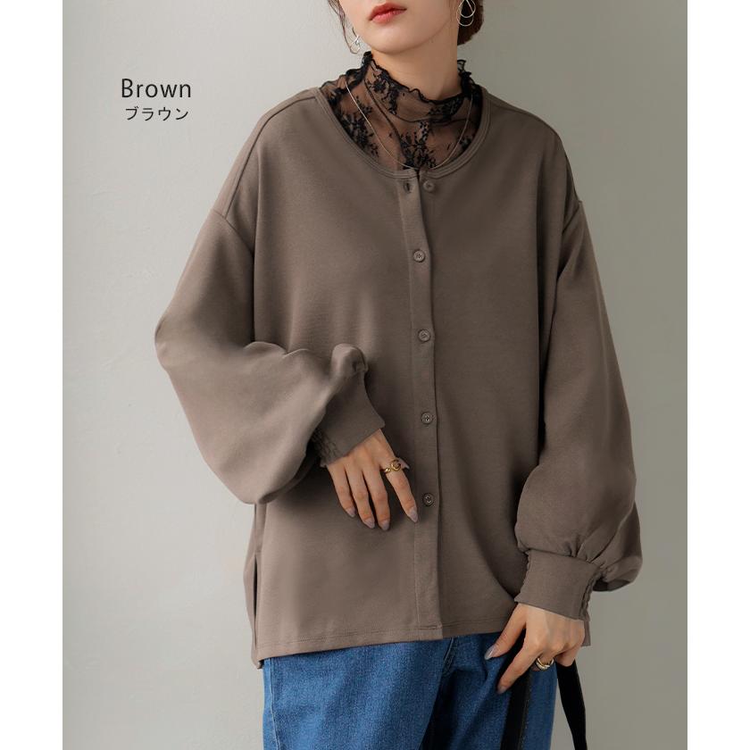 ブラウス ノーカラー トップス レディース ロング バンドカラー シャツ クルーネック チュニック 長袖 無地 ボリュームスリーブ ストレッチ シワになりにくい | HUG.U | 14