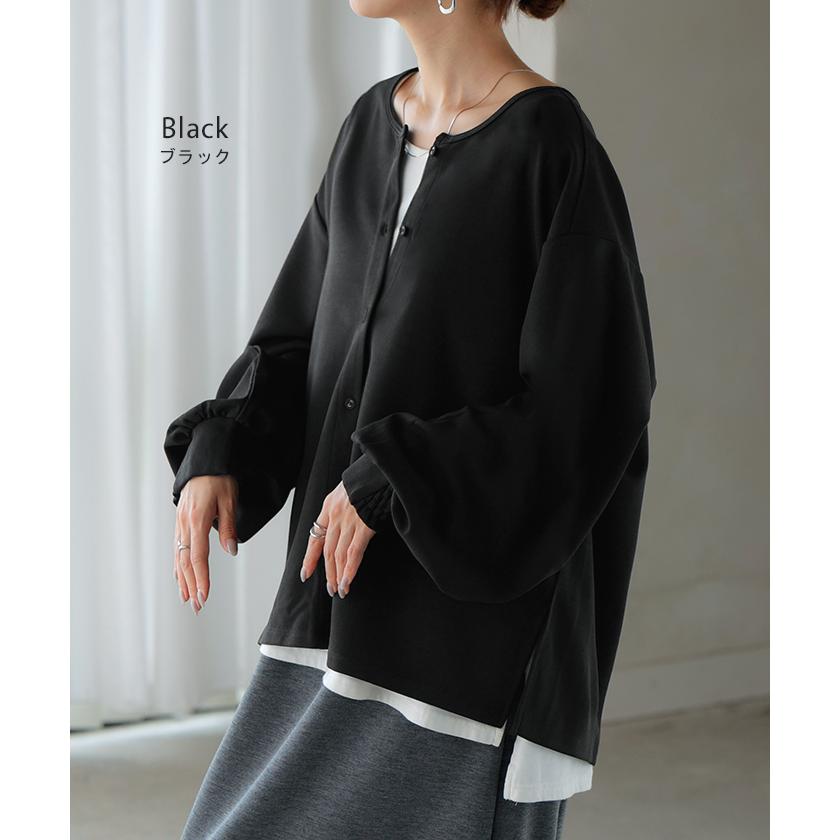 ブラウス ノーカラー トップス レディース ロング バンドカラー シャツ クルーネック チュニック 長袖 無地 ボリュームスリーブ ストレッチ シワになりにくい | HUG.U | 15