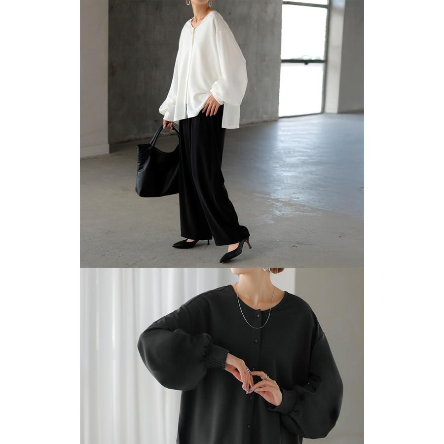 ブラウス ノーカラー トップス レディース ロング バンドカラー シャツ クルーネック チュニック 長袖 無地 ボリュームスリーブ ストレッチ シワになりにくい | HUG.U | 17