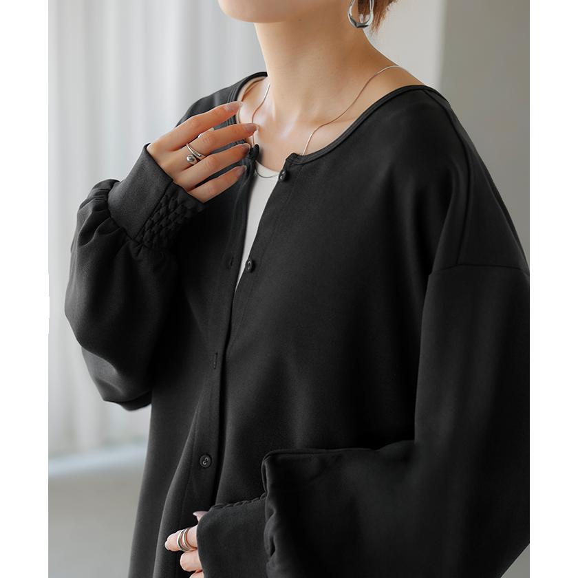 ブラウス ノーカラー トップス レディース ロング バンドカラー シャツ クルーネック チュニック 長袖 無地 ボリュームスリーブ ストレッチ シワになりにくい | HUG.U | 20