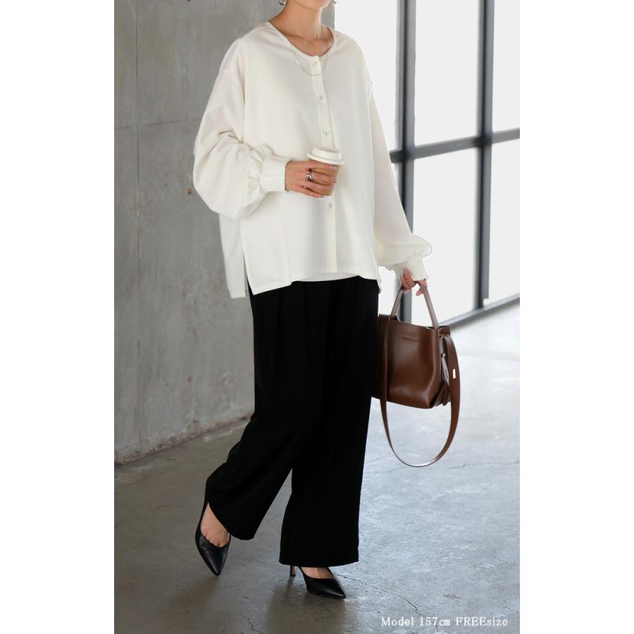 ブラウス ノーカラー トップス レディース ロング バンドカラー シャツ クルーネック チュニック 長袖 無地 ボリュームスリーブ ストレッチ シワになりにくい | HUG.U | 22