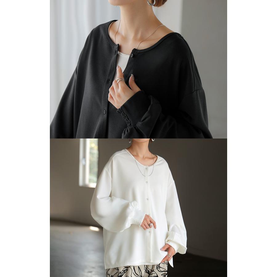 ブラウス ノーカラー トップス レディース ロング バンドカラー シャツ クルーネック チュニック 長袖 無地 ボリュームスリーブ ストレッチ シワになりにくい | HUG.U | 05