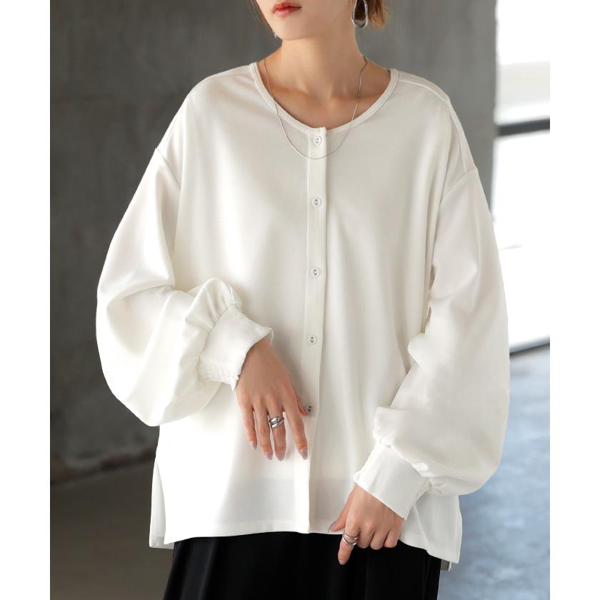 ブラウス ノーカラー トップス レディース ロング バンドカラー シャツ クルーネック チュニック 長袖 無地 ボリュームスリーブ ストレッチ シワになりにくい | HUG.U | 07