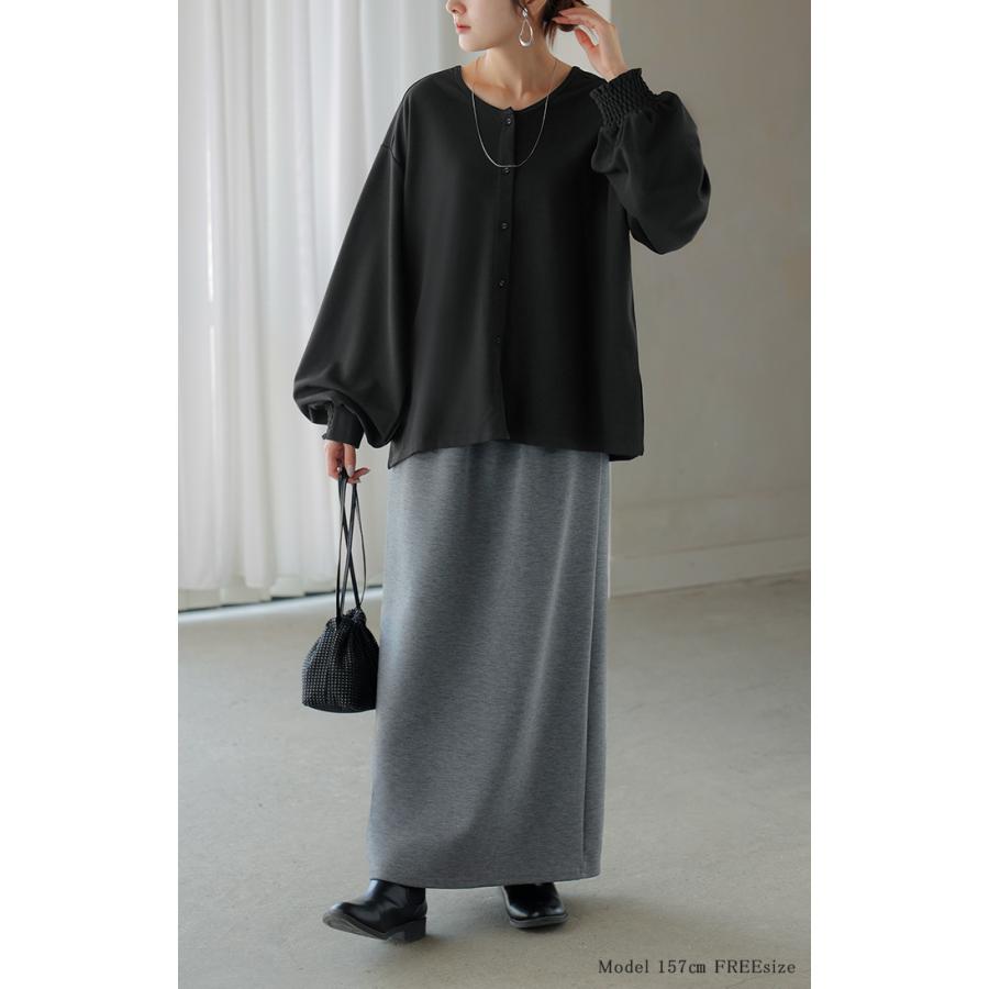 ブラウス ノーカラー トップス レディース ロング バンドカラー シャツ クルーネック チュニック 長袖 無地 ボリュームスリーブ ストレッチ シワになりにくい | HUG.U | 08