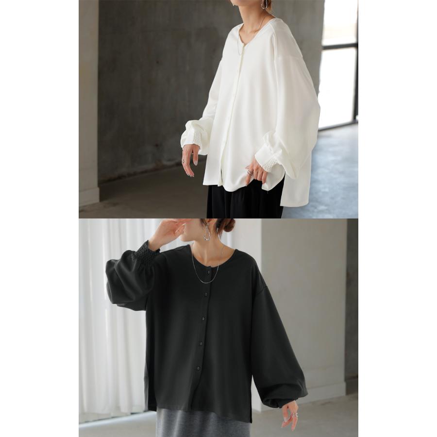ブラウス ノーカラー トップス レディース ロング バンドカラー シャツ クルーネック チュニック 長袖 無地 ボリュームスリーブ ストレッチ シワになりにくい | HUG.U | 10