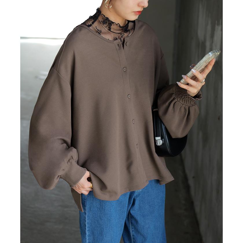 ブラウス ノーカラー トップス レディース ロング バンドカラー シャツ クルーネック チュニック 長袖 無地 ボリュームスリーブ ストレッチ シワになりにくい | HUG.U | 11