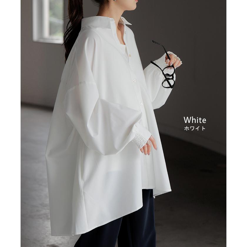 シャツ レディース バックシャン チュニック ブラウス トップス シャーリング ギャザー ロング ロングシャツ 長袖 無地 羽織 ライトアウター きれいめ ぽわん袖 | HUG.U | 15