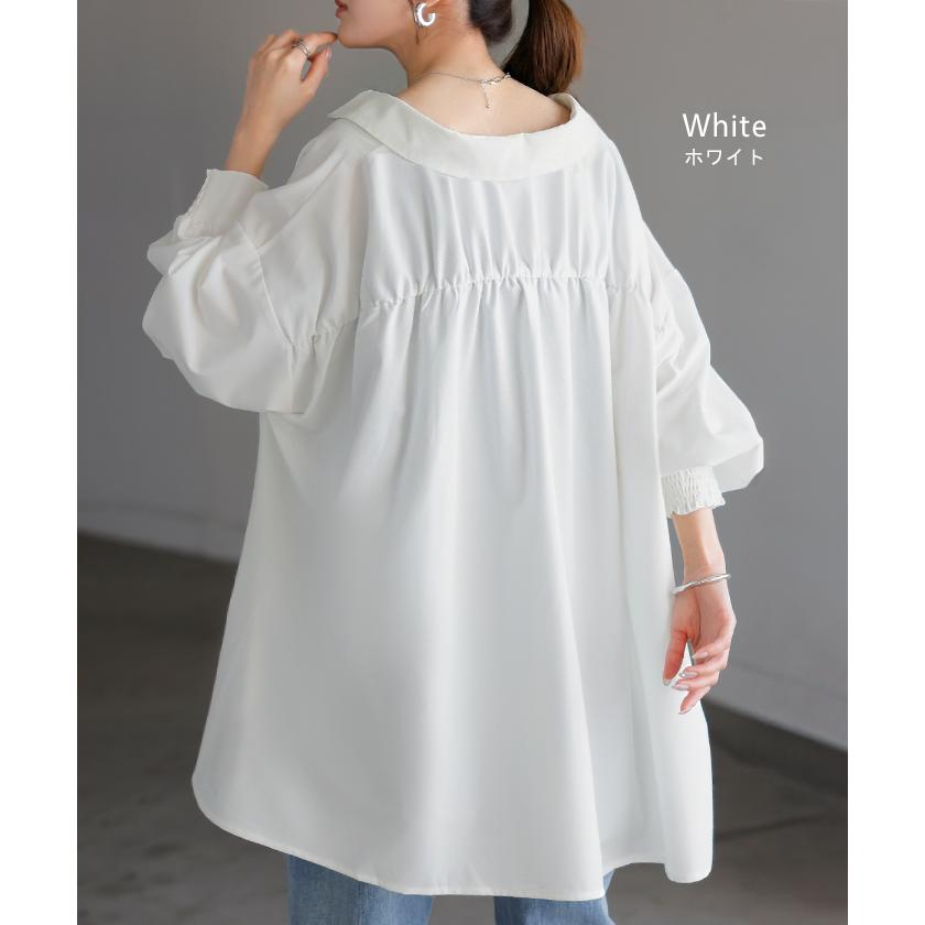 シャツ レディース バックシャン チュニック ブラウス トップス シャーリング ギャザー ロング ロングシャツ 長袖 無地 羽織 ライトアウター きれいめ ぽわん袖 | HUG.U | 15