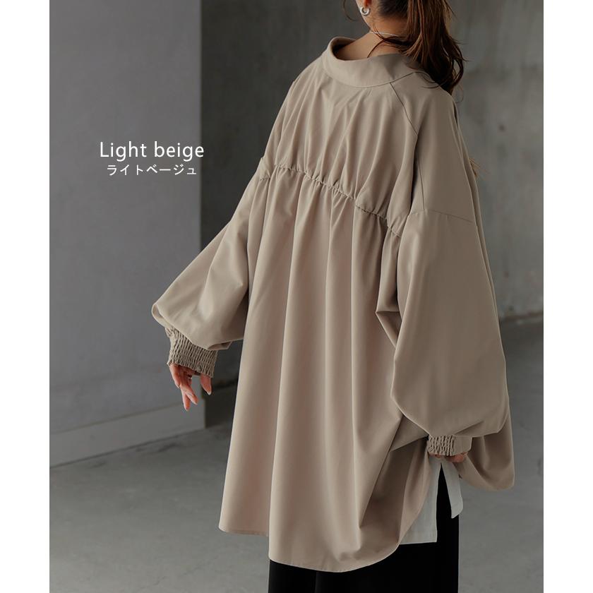 シャツ レディース バックシャン チュニック ブラウス トップス シャーリング ギャザー ロング ロングシャツ 長袖 無地 羽織 ライトアウター きれいめ ぽわん袖 | HUG.U | 16