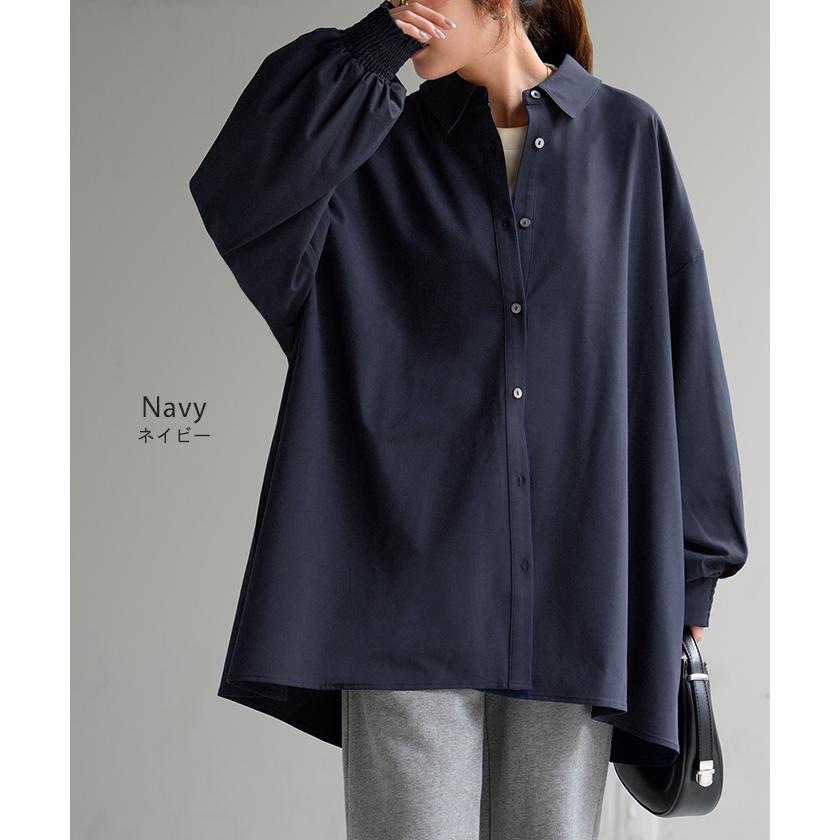 シャツ レディース バックシャン チュニック ブラウス トップス シャーリング ギャザー ロング ロングシャツ 長袖 無地 羽織 ライトアウター きれいめ ぽわん袖 | HUG.U | 18