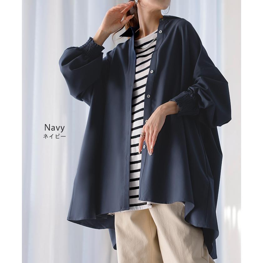 シャツ レディース バックシャン チュニック ブラウス トップス シャーリング ギャザー ロング ロングシャツ 長袖 無地 羽織 ライトアウター きれいめ ぽわん袖 | HUG.U | 18