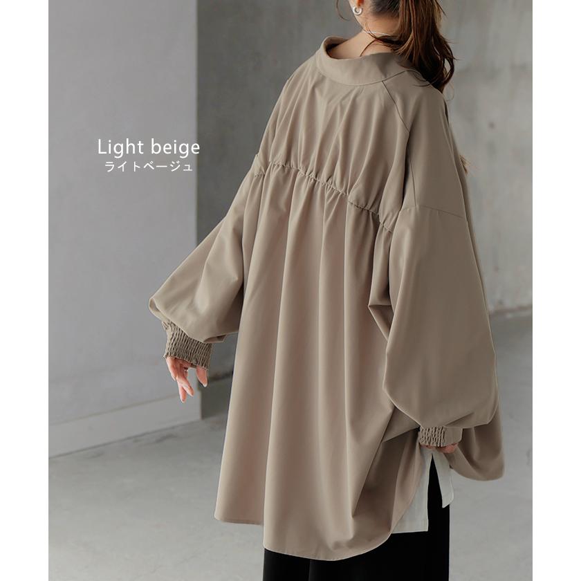 シャツ レディース バックシャン チュニック ブラウス トップス シャーリング ギャザー ロング ロングシャツ 長袖 無地 羽織 ライトアウター きれいめ ぽわん袖 | HUG.U | 19