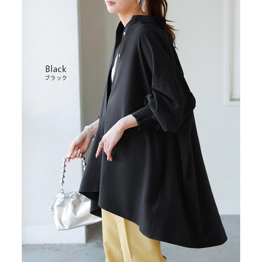 シャツ レディース バックシャン チュニック ブラウス トップス シャーリング ギャザー ロング ロングシャツ 長袖 無地 羽織 ライトアウター きれいめ ぽわん袖 | HUG.U | 20