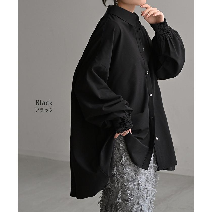 シャツ レディース バックシャン チュニック ブラウス トップス シャーリング ギャザー ロング ロングシャツ 長袖 無地 羽織 ライトアウター きれいめ ぽわん袖 | HUG.U | 20