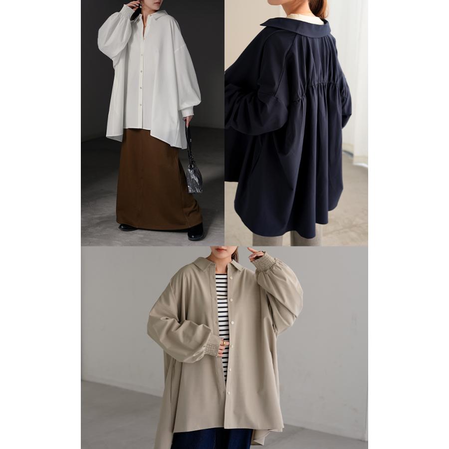 シャツ レディース バックシャン チュニック ブラウス トップス シャーリング ギャザー ロング ロングシャツ 長袖 無地 羽織 ライトアウター きれいめ ぽわん袖 | HUG.U | 21