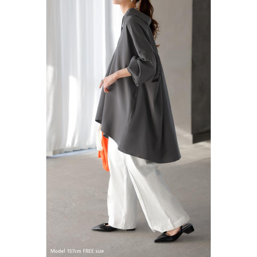 シャツ レディース バックシャン チュニック ブラウス トップス シャーリング ギャザー ロング ロングシャツ 長袖 無地 羽織 ライトアウター きれいめ ぽわん袖 | HUG.U | 08