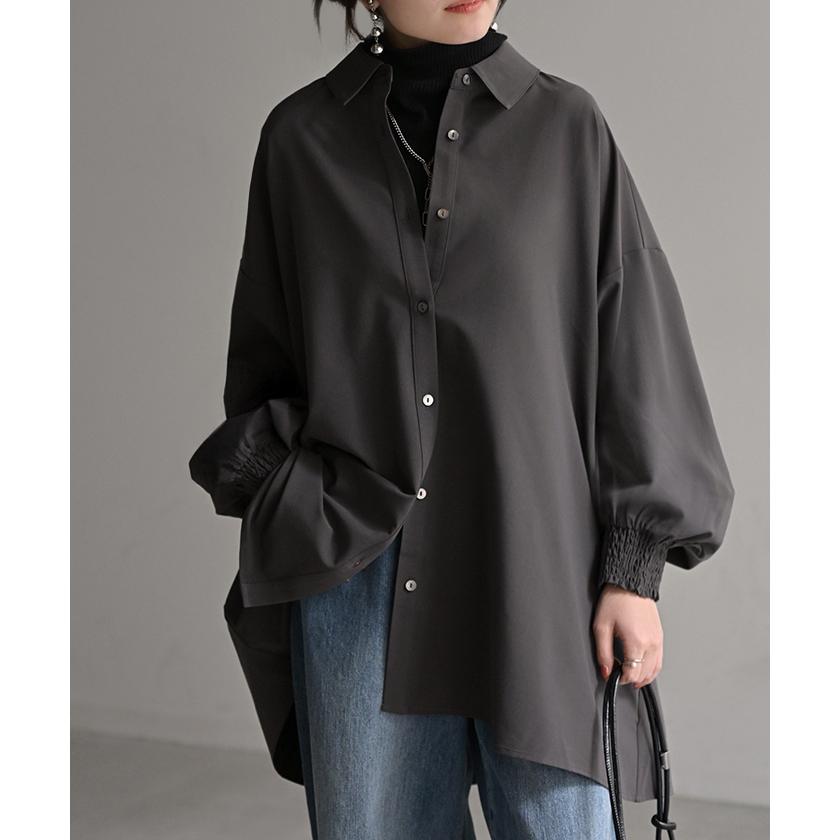 シャツ レディース バックシャン チュニック ブラウス トップス シャーリング ギャザー ロング ロングシャツ 長袖 無地 羽織 ライトアウター きれいめ ぽわん袖 | HUG.U | 09