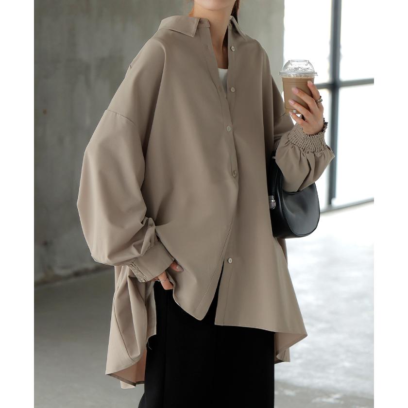 シャツ レディース バックシャン チュニック ブラウス トップス シャーリング ギャザー ロング ロングシャツ 長袖 無地 羽織 ライトアウター きれいめ ぽわん袖 | HUG.U | 09