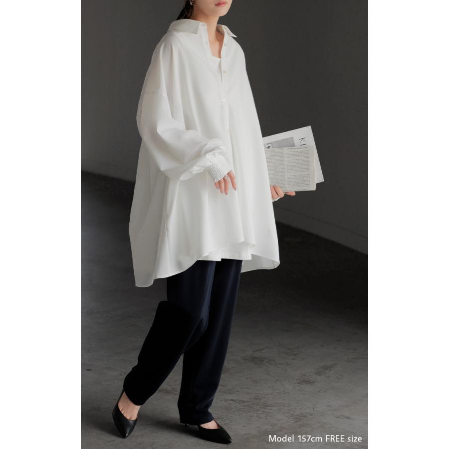 シャツ レディース バックシャン チュニック ブラウス トップス シャーリング ギャザー ロング ロングシャツ 長袖 無地 羽織 ライトアウター きれいめ ぽわん袖 | HUG.U | 10