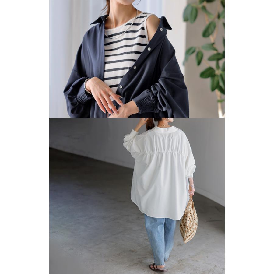 シャツ レディース バックシャン チュニック ブラウス トップス シャーリング ギャザー ロング ロングシャツ 長袖 無地 羽織 ライトアウター きれいめ ぽわん袖 | HUG.U | 10