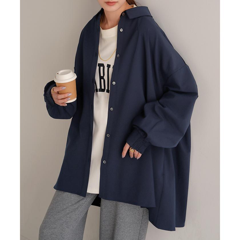 シャツ レディース バックシャン チュニック ブラウス トップス シャーリング ギャザー ロング ロングシャツ 長袖 無地 羽織 ライトアウター きれいめ ぽわん袖 | HUG.U | 13