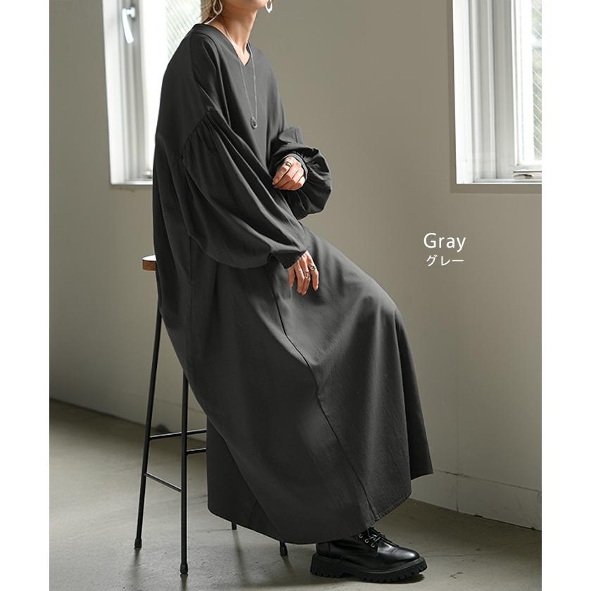 ワンピース ロング パフスリーブ Vネック レディース ワンピ ロングワンピース ロングワンピ Aライン マキシ マキシワンピース ボリュームスリーブ | HUG.U | 14