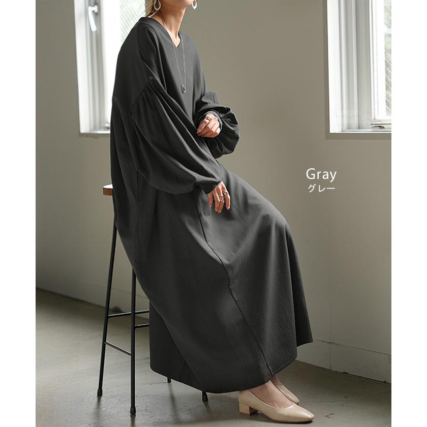 ワンピース ロング パフスリーブ Vネック レディース ワンピ ロングワンピース ロングワンピ Aライン マキシ マキシワンピース ボリュームスリーブ | HUG.U | 14