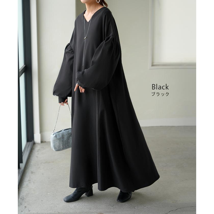 ワンピース ロング パフスリーブ Vネック レディース ワンピ ロングワンピース ロングワンピ Aライン マキシ マキシワンピース ボリュームスリーブ | HUG.U | 15