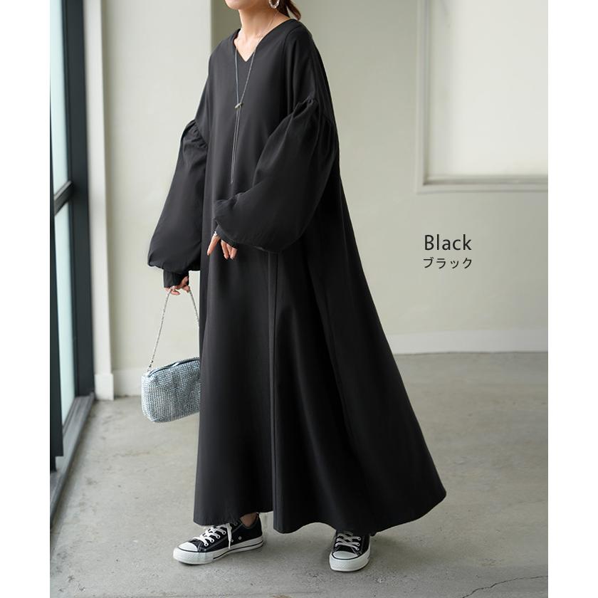 ワンピース ロング パフスリーブ Vネック レディース ワンピ ロングワンピース ロングワンピ Aライン マキシ マキシワンピース ボリュームスリーブ | HUG.U | 15