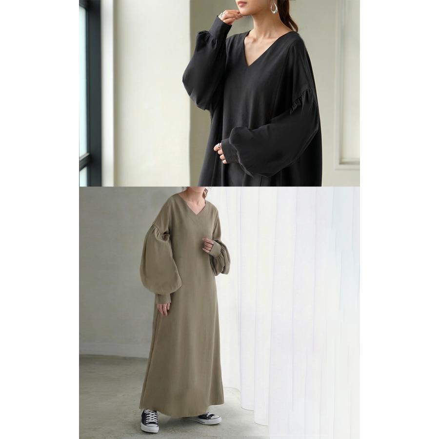 ワンピース ロング パフスリーブ Vネック レディース ワンピ ロングワンピース ロングワンピ Aライン マキシ マキシワンピース ボリュームスリーブ | HUG.U | 19