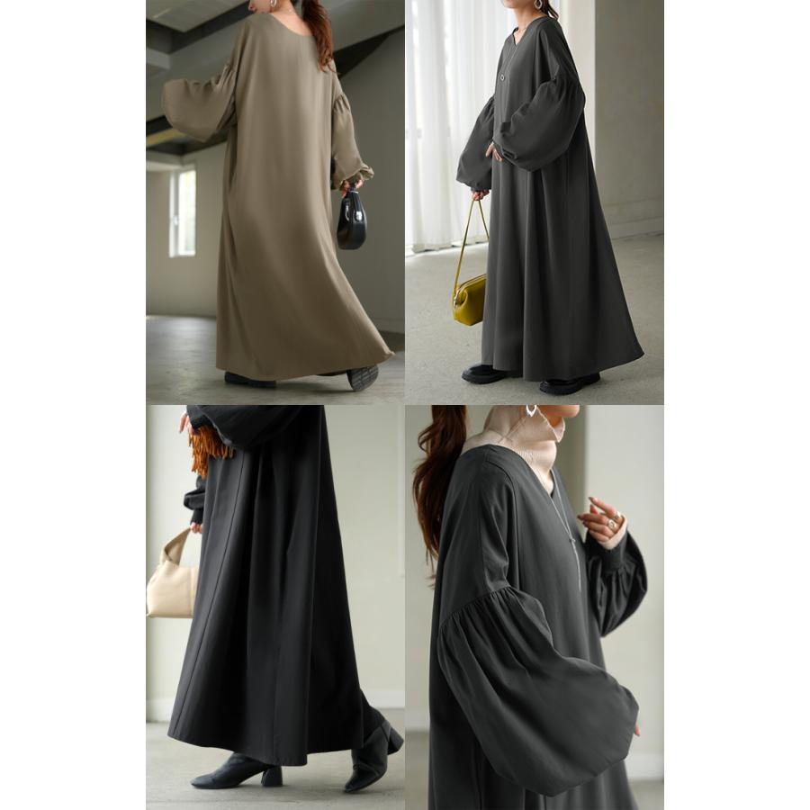 ワンピース ロング パフスリーブ Vネック レディース ワンピ ロングワンピース ロングワンピ Aライン マキシ マキシワンピース ボリュームスリーブ | HUG.U | 21