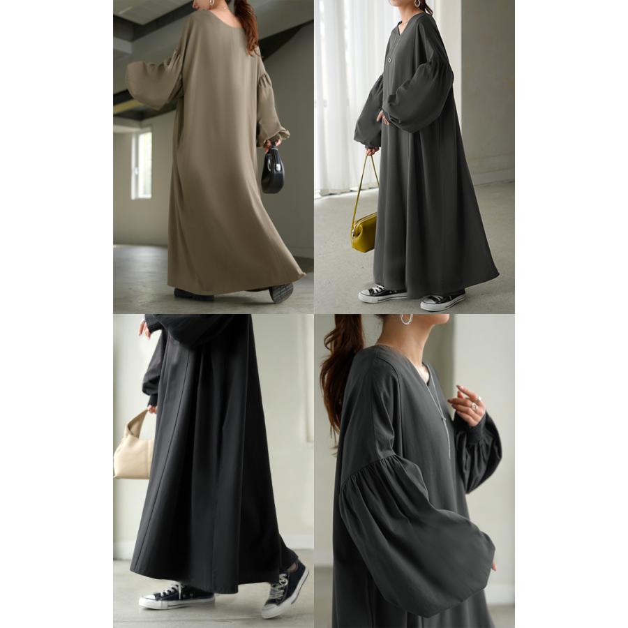 ワンピース ロング パフスリーブ Vネック レディース ワンピ ロングワンピース ロングワンピ Aライン マキシ マキシワンピース ボリュームスリーブ | HUG.U | 21