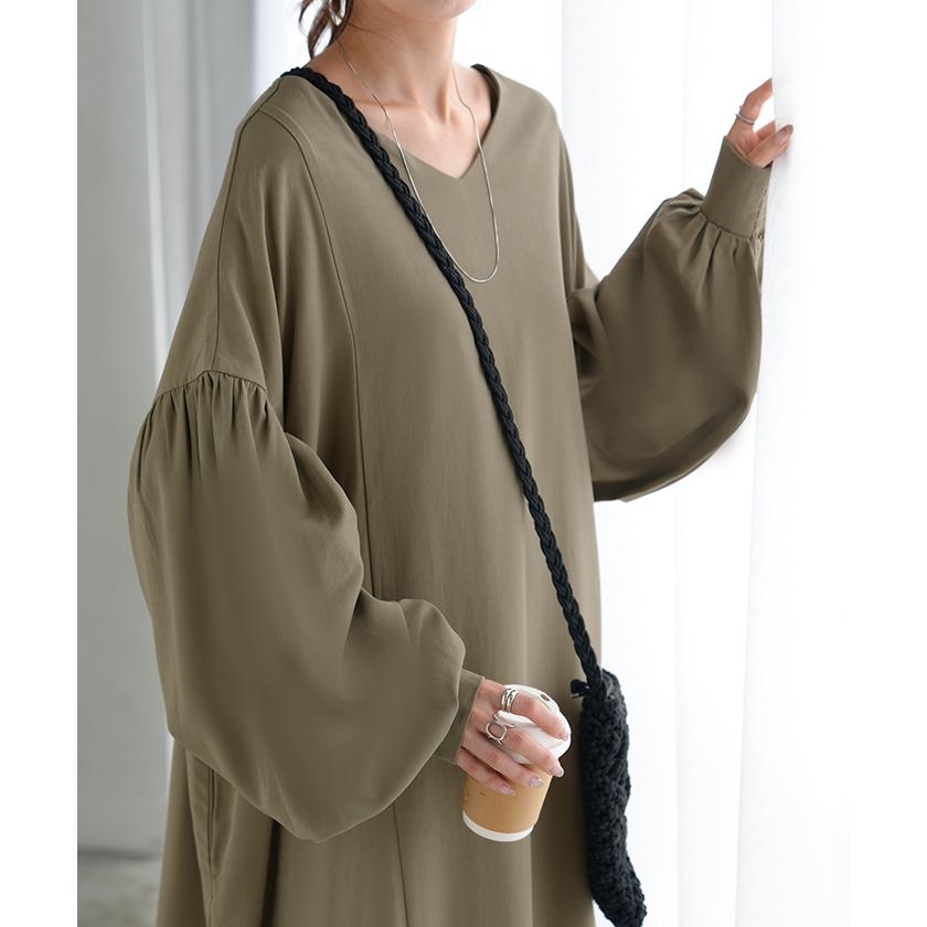 ワンピース ロング パフスリーブ Vネック レディース ワンピ ロングワンピース ロングワンピ Aライン マキシ マキシワンピース ボリュームスリーブ | HUG.U | 05