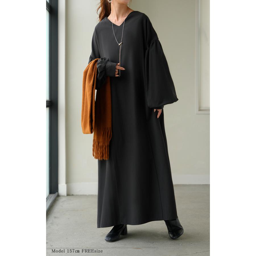 ワンピース ロング パフスリーブ Vネック レディース ワンピ ロングワンピース ロングワンピ Aライン マキシ マキシワンピース ボリュームスリーブ | HUG.U | 06