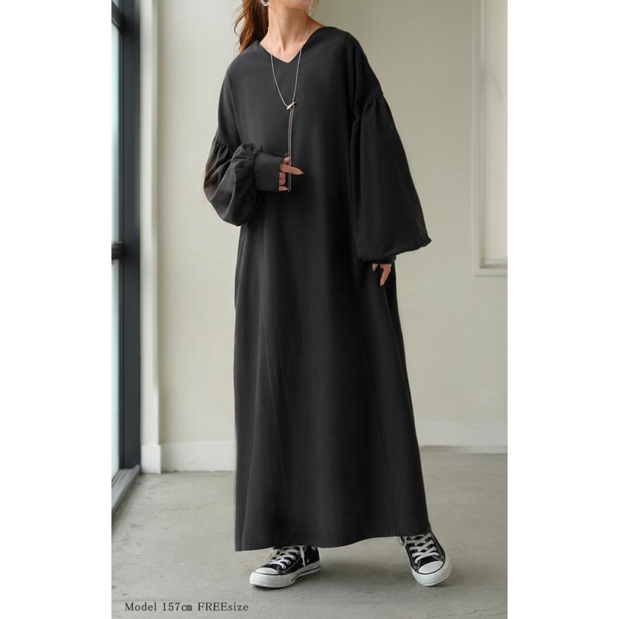ワンピース ロング パフスリーブ Vネック レディース ワンピ ロングワンピース ロングワンピ Aライン マキシ マキシワンピース ボリュームスリーブ | HUG.U | 06