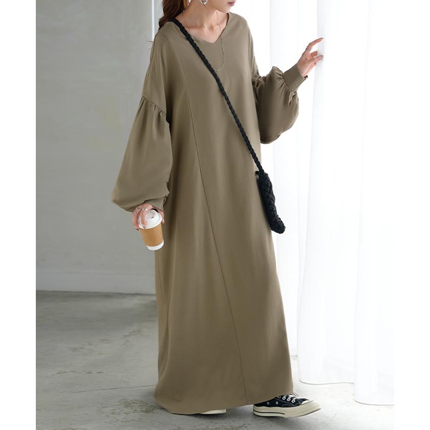 ワンピース ロング パフスリーブ Vネック レディース ワンピ ロングワンピース ロングワンピ Aライン マキシ マキシワンピース ボリュームスリーブ | HUG.U | 07