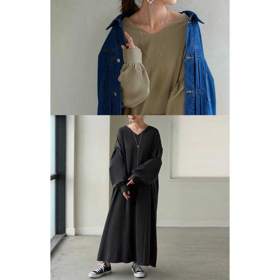 ワンピース ロング パフスリーブ Vネック レディース ワンピ ロングワンピース ロングワンピ Aライン マキシ マキシワンピース ボリュームスリーブ | HUG.U | 11