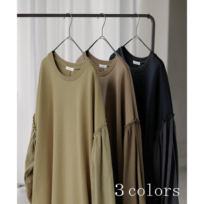 ワンピース 異素材 ロング ワンピ レディース ロングワンピース ポンチ Aライン マキシ マキシワンピース ロングワンピ ぽわん袖 長袖 クルーネック 体型カバー | HUG.U | 12