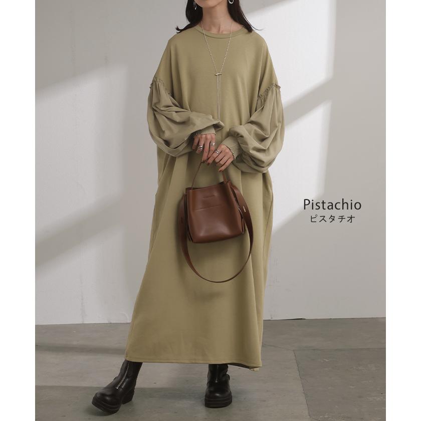 ワンピース 異素材 ロング ワンピ レディース ロングワンピース ポンチ Aライン マキシ マキシワンピース ロングワンピ ぽわん袖 長袖 クルーネック 体型カバー | HUG.U | 13