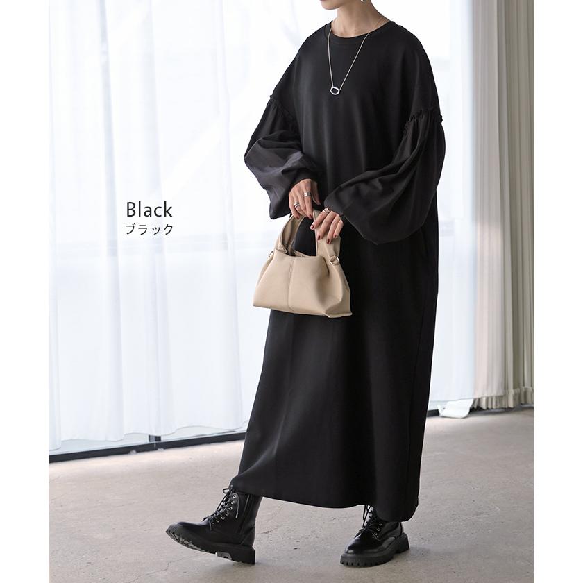 ワンピース 異素材 ロング ワンピ レディース ロングワンピース ポンチ Aライン マキシ マキシワンピース ロングワンピ ぽわん袖 長袖 クルーネック 体型カバー | HUG.U | 15