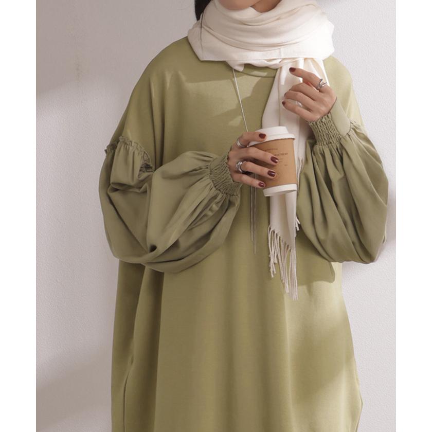 ワンピース 異素材 ロング ワンピ レディース ロングワンピース ポンチ Aライン マキシ マキシワンピース ロングワンピ ぽわん袖 長袖 クルーネック 体型カバー | HUG.U | 17