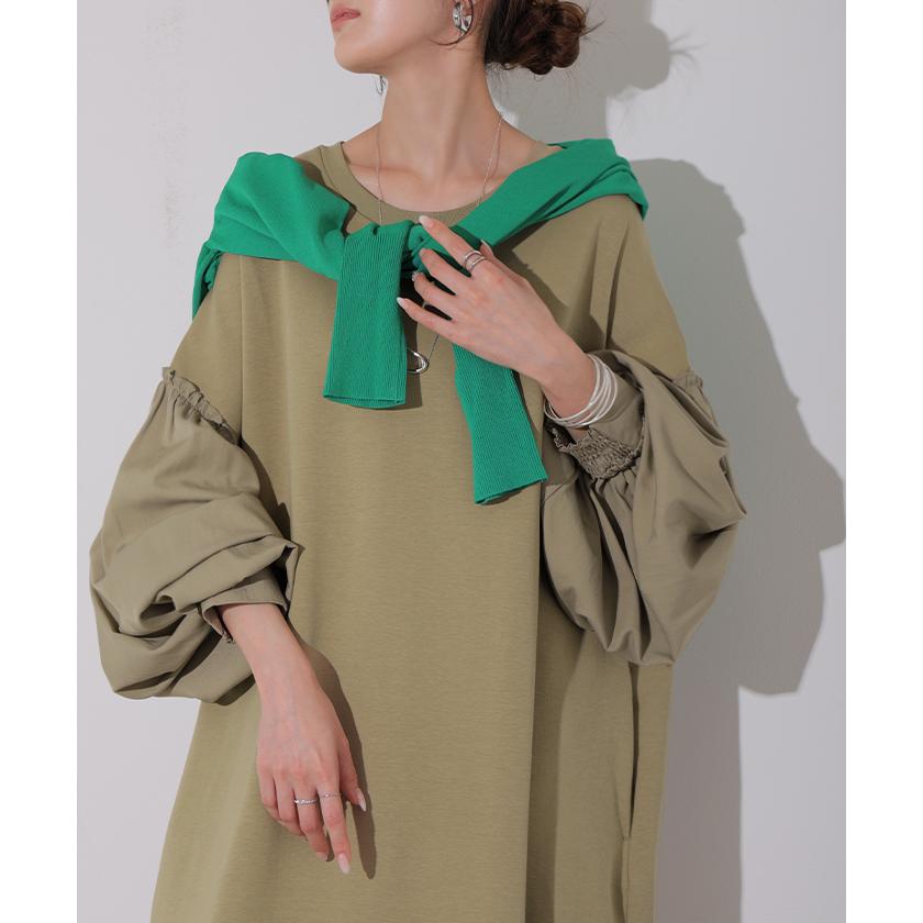 ワンピース 異素材 ロング ワンピ レディース ロングワンピース ポンチ Aライン マキシ マキシワンピース ロングワンピ ぽわん袖 長袖 クルーネック 体型カバー | HUG.U | 18