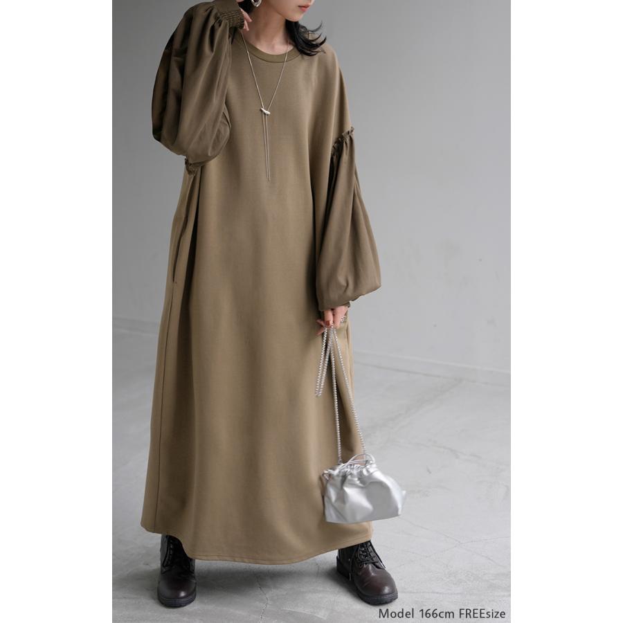 ワンピース 異素材 ロング ワンピ レディース ロングワンピース ポンチ Aライン マキシ マキシワンピース ロングワンピ ぽわん袖 長袖 クルーネック 体型カバー | HUG.U | 20