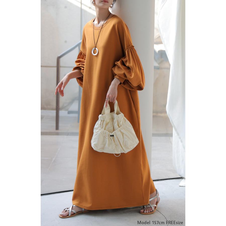 ワンピース 異素材 ロング ワンピ レディース ロングワンピース ポンチ Aライン マキシ マキシワンピース ロングワンピ ぽわん袖 長袖 クルーネック 体型カバー | HUG.U | 21