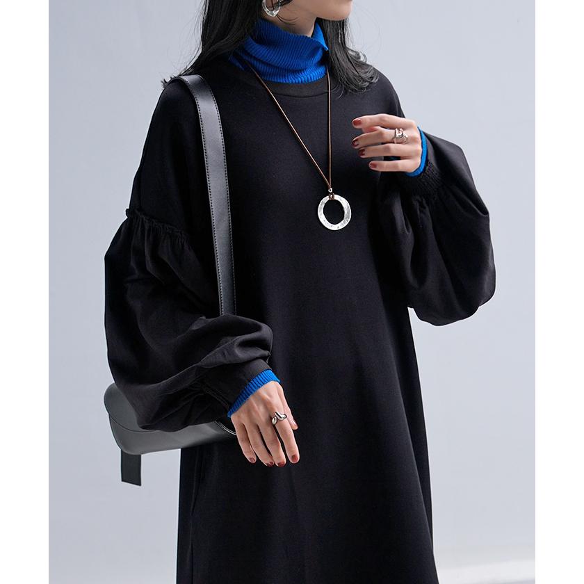 ワンピース 異素材 ロング ワンピ レディース ロングワンピース ポンチ Aライン マキシ マキシワンピース ロングワンピ ぽわん袖 長袖 クルーネック 体型カバー | HUG.U | 21