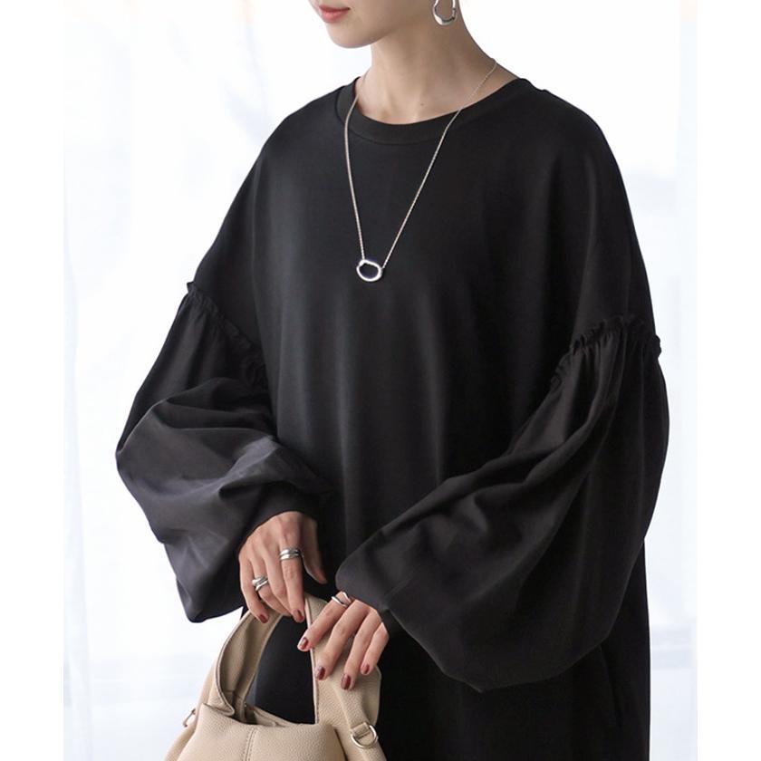 ワンピース 異素材 ロング ワンピ レディース ロングワンピース ポンチ Aライン マキシ マキシワンピース ロングワンピ ぽわん袖 長袖 クルーネック 体型カバー | HUG.U | 22