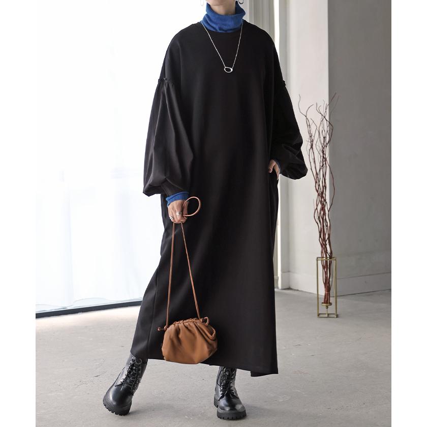 ワンピース 異素材 ロング ワンピ レディース ロングワンピース ポンチ Aライン マキシ マキシワンピース ロングワンピ ぽわん袖 長袖 クルーネック 体型カバー | HUG.U | 07